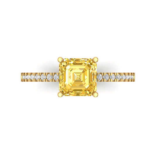 2.7 cttw Zirconia Simulated Yellow Diamond Solitaire with Zirconia Simulated Diamond Accents Engagement Ring - Solid Yellow Gold (VVS1, Cushion Cut,6.5mm)