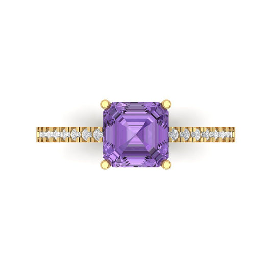 2.7 cttw Simulated Alexandrite Solitaire with Zirconia Simulated Diamond Accents Engagement Ring - Solid Yellow Gold (VVS1, Cushion Cut,6.5mm)