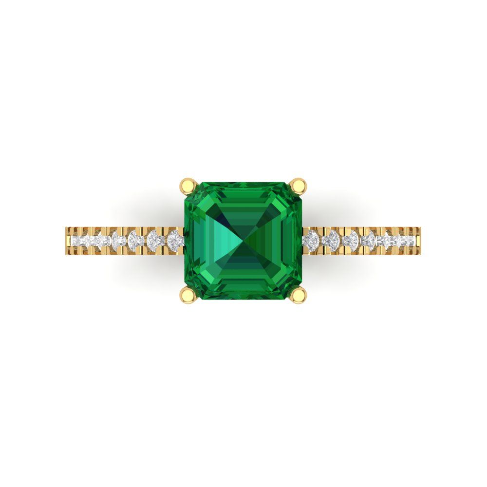 2.7 cttw Simulated Emerald Solitaire with Zirconia Simulated Diamond Accents Engagement Ring - Solid Gold (Cushion Cut,6.5mm)