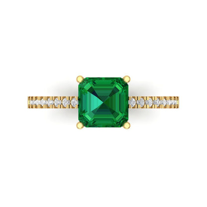 2.7 cttw Simulated Emerald Solitaire with Zirconia Simulated Diamond Accents Engagement Ring - Solid Gold (Cushion Cut,6.5mm)