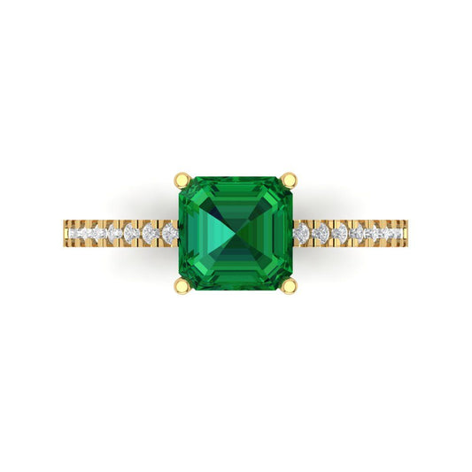 2.7 cttw Simulated Emerald Solitaire with Zirconia Simulated Diamond Accents Engagement Ring - Solid Yellow Gold (VVS1, Cushion Cut,6.5mm)