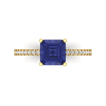 2.7 cttw Simulated Tanzanite Solitaire with Zirconia Simulated Diamond Accents Engagement Ring - Solid Gold (Cushion Cut,6.5mm)