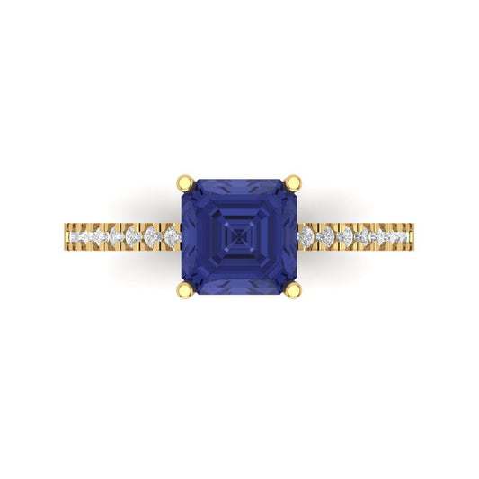 2.7 cttw Simulated Tanzanite Solitaire with Zirconia Simulated Diamond Accents Engagement Ring - Solid Yellow Gold (VVS1, Cushion Cut,6.5mm)