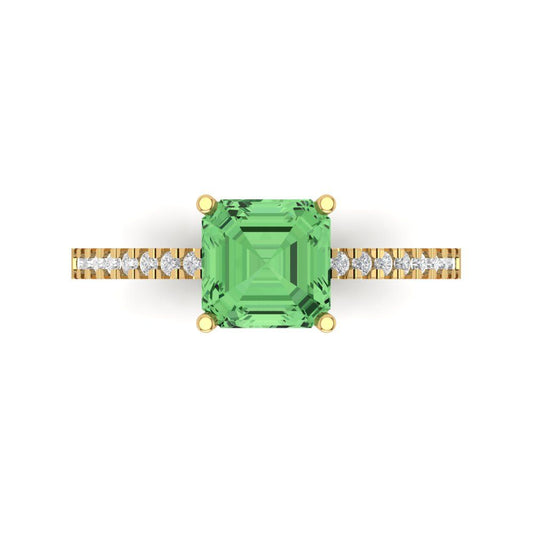 2.7 cttw Zirconia Simulated Green Diamond Solitaire with Zirconia Simulated Diamond Accents Engagement Ring - Solid Yellow Gold (VVS1, Cushion Cut,6.5mm)