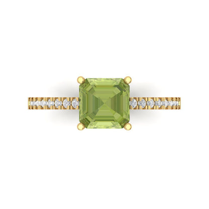 2.7 cttw Natural Peridot Solitaire with Zirconia Simulated Diamond Accents Engagement Ring - Solid Gold (Cushion Cut,6.5mm)