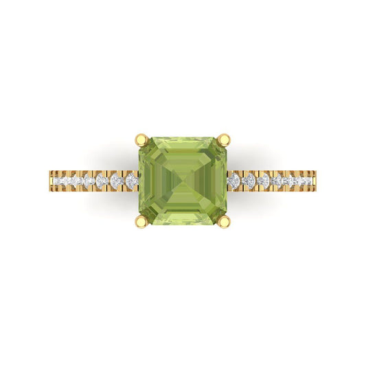 2.7 cttw Natural Peridot Solitaire with Zirconia Simulated Diamond Accents Engagement Ring - Solid Yellow Gold (VVS1, Cushion Cut,6.5mm)