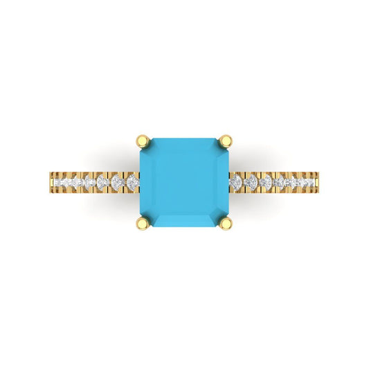 2.7 cttw Simulated Turquoise Solitaire with Zirconia Simulated Diamond Accents Engagement Ring - Solid Yellow Gold (VVS1, Cushion Cut,6.5mm)