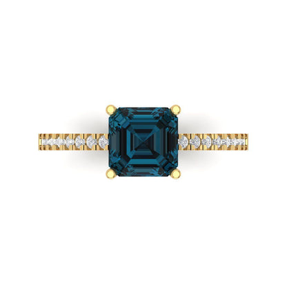 2.7 cttw Natural London Blue Topaz Solitaire with Zirconia Simulated Diamond Accents Engagement Ring - Solid Gold (Cushion Cut,6.5mm)