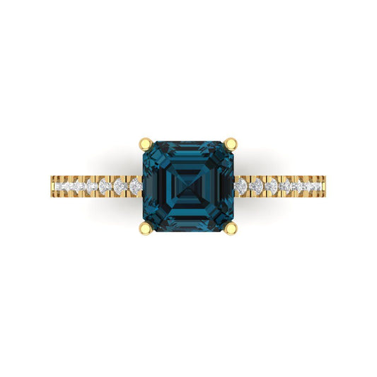 2.7 cttw Natural London Blue Topaz Solitaire with Zirconia Simulated Diamond Accents Engagement Ring - Solid Yellow Gold (VVS1, Cushion Cut,6.5mm)
