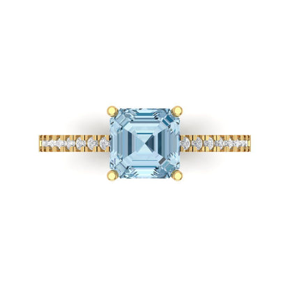 2.7 cttw Natural Swiss Blue Topaz Solitaire with Zirconia Simulated Diamond Accents Engagement Ring - Solid Gold (Cushion Cut,6.5mm)