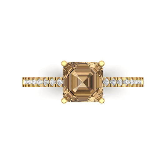 2.7 cttw Zirconia Simulated Champagne Diamond Solitaire with Zirconia Simulated Diamond Accents Engagement Ring - Solid Yellow Gold (VVS1, Cushion Cut,6.5mm)