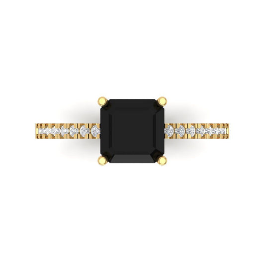 2.7 cttw Natural Onyx Solitaire with Zirconia Simulated Diamond Accents Engagement Ring - Solid Yellow Gold (VVS1, Cushion Cut,6.5mm)