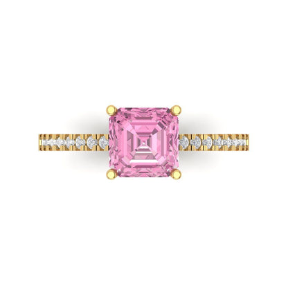 2.7 cttw Zirconia Simulated Pink Diamond Solitaire with Zirconia Simulated Diamond Accents Engagement Ring - Solid Gold (VVS1, Cushion Cut,6.5mm)