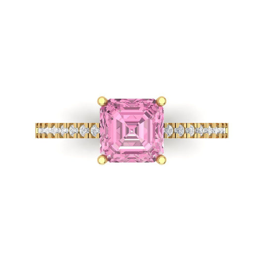 2.7 cttw Zirconia Simulated Pink Diamond Solitaire with Zirconia Simulated Diamond Accents Engagement Ring - Solid Yellow Gold (VVS1, Cushion Cut,6.5mm)