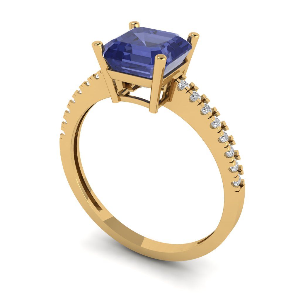2.7 cttw Simulated Tanzanite Solitaire with Zirconia Simulated Diamond Accents Engagement Ring - Solid Gold (Cushion Cut,6.5mm)