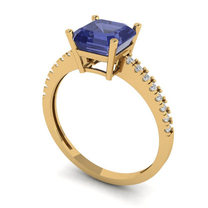 2.7 cttw Simulated Tanzanite Solitaire with Zirconia Simulated Diamond Accents Engagement Ring - Solid Gold (Cushion Cut,6.5mm)