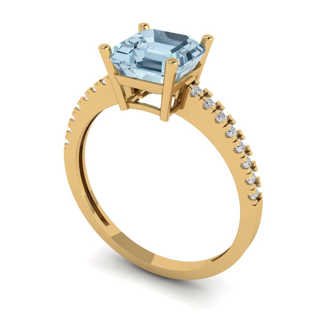 2.7 cttw Natural Aquamarine Solitaire with Zirconia Simulated Diamond Accents Engagement Ring - Solid Gold (Cushion Cut,6.5mm)