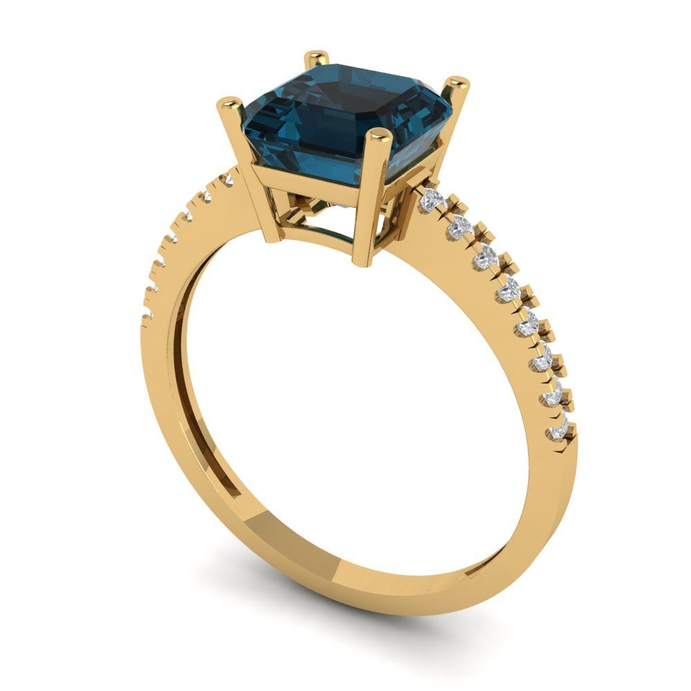 2.7 cttw Natural London Blue Topaz Solitaire with Zirconia Simulated Diamond Accents Engagement Ring - Solid Gold (Cushion Cut,6.5mm)