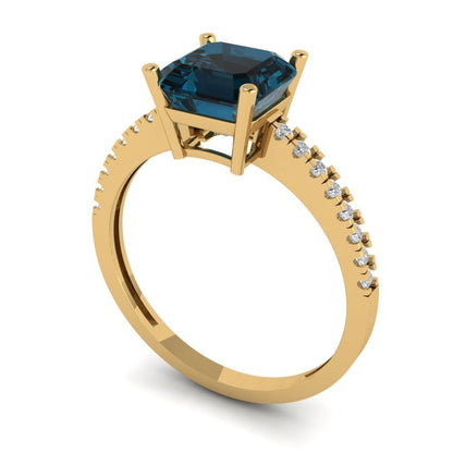 2.7 cttw Natural London Blue Topaz Solitaire with Zirconia Simulated Diamond Accents Engagement Ring - Solid Gold (Cushion Cut,6.5mm)