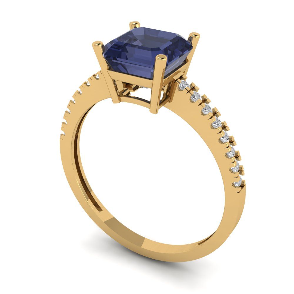 2.7 cttw Simulated Blue Sapphire Solitaire with Zirconia Simulated Diamond Accents Engagement Ring - Solid Gold (Cushion Cut,6.5mm)