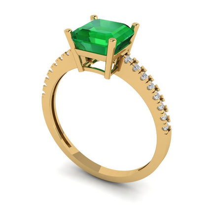 2.7 cttw Simulated Emerald Solitaire with Zirconia Simulated Diamond Accents Engagement Ring - Solid Gold (Cushion Cut,6.5mm)