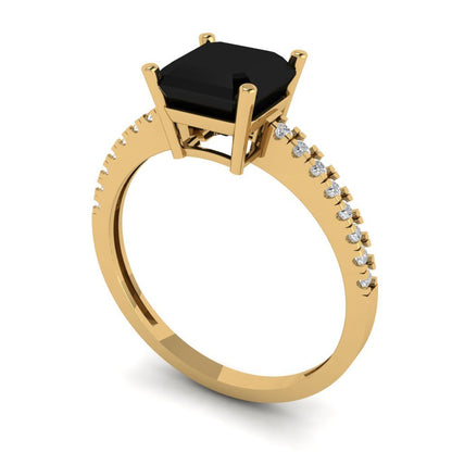 2.7 cttw Natural Onyx Solitaire with Zirconia Simulated Diamond Accents Engagement Ring - Solid Gold (Cushion Cut,6.5mm)