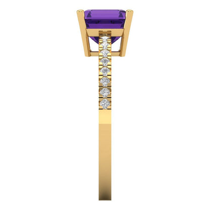 2.7 cttw Natural Amethyst Solitaire with Zirconia Simulated Diamond Accents Engagement Ring - Solid Gold (Cushion Cut,6.5mm)