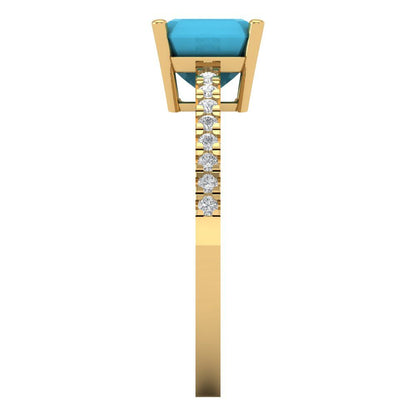 2.7 cttw Simulated Turquoise Solitaire with Zirconia Simulated Diamond Accents Engagement Ring - Solid Gold (Cushion Cut,6.5mm)