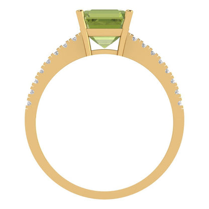 2.7 cttw Natural Peridot Solitaire with Zirconia Simulated Diamond Accents Engagement Ring - Solid Gold (Cushion Cut,6.5mm)