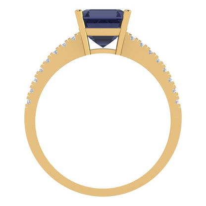 2.7 cttw Simulated Blue Sapphire Solitaire with Zirconia Simulated Diamond Accents Engagement Ring - Solid Gold (Cushion Cut,6.5mm)