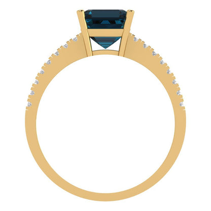 2.7 cttw Natural London Blue Topaz Solitaire with Zirconia Simulated Diamond Accents Engagement Ring - Solid Gold (Cushion Cut,6.5mm)