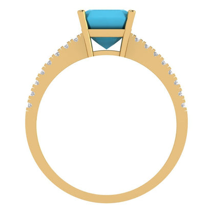 2.7 cttw Simulated Turquoise Solitaire with Zirconia Simulated Diamond Accents Engagement Ring - Solid Gold (Cushion Cut,6.5mm)