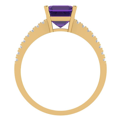 2.7 cttw Natural Amethyst Solitaire with Zirconia Simulated Diamond Accents Engagement Ring - Solid Gold (Cushion Cut,6.5mm)
