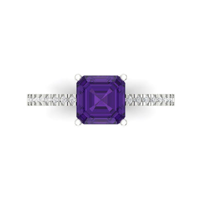 2.7 cttw Natural Amethyst Solitaire with Zirconia Simulated Diamond Accents Engagement Ring - Solid Gold (Cushion Cut,6.5mm)