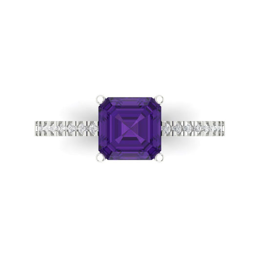 2.7 cttw Natural Amethyst Solitaire with Zirconia Simulated Diamond Accents Engagement Ring - Solid White Gold (VVS1, Cushion Cut,6.5mm)