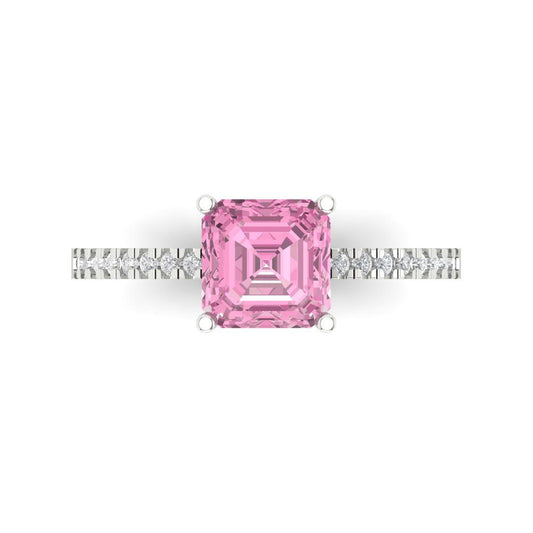2.7 cttw Zirconia Simulated Pink Diamond Solitaire with Zirconia Simulated Diamond Accents Engagement Ring - Solid White Gold (VVS1, Cushion Cut,6.5mm)