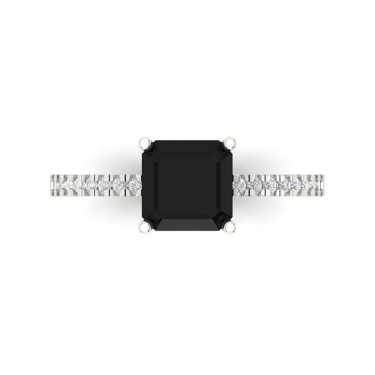 2.7 cttw Natural Onyx Solitaire with Zirconia Simulated Diamond Accents Engagement Ring - Solid White Gold (VVS1, Cushion Cut,6.5mm)