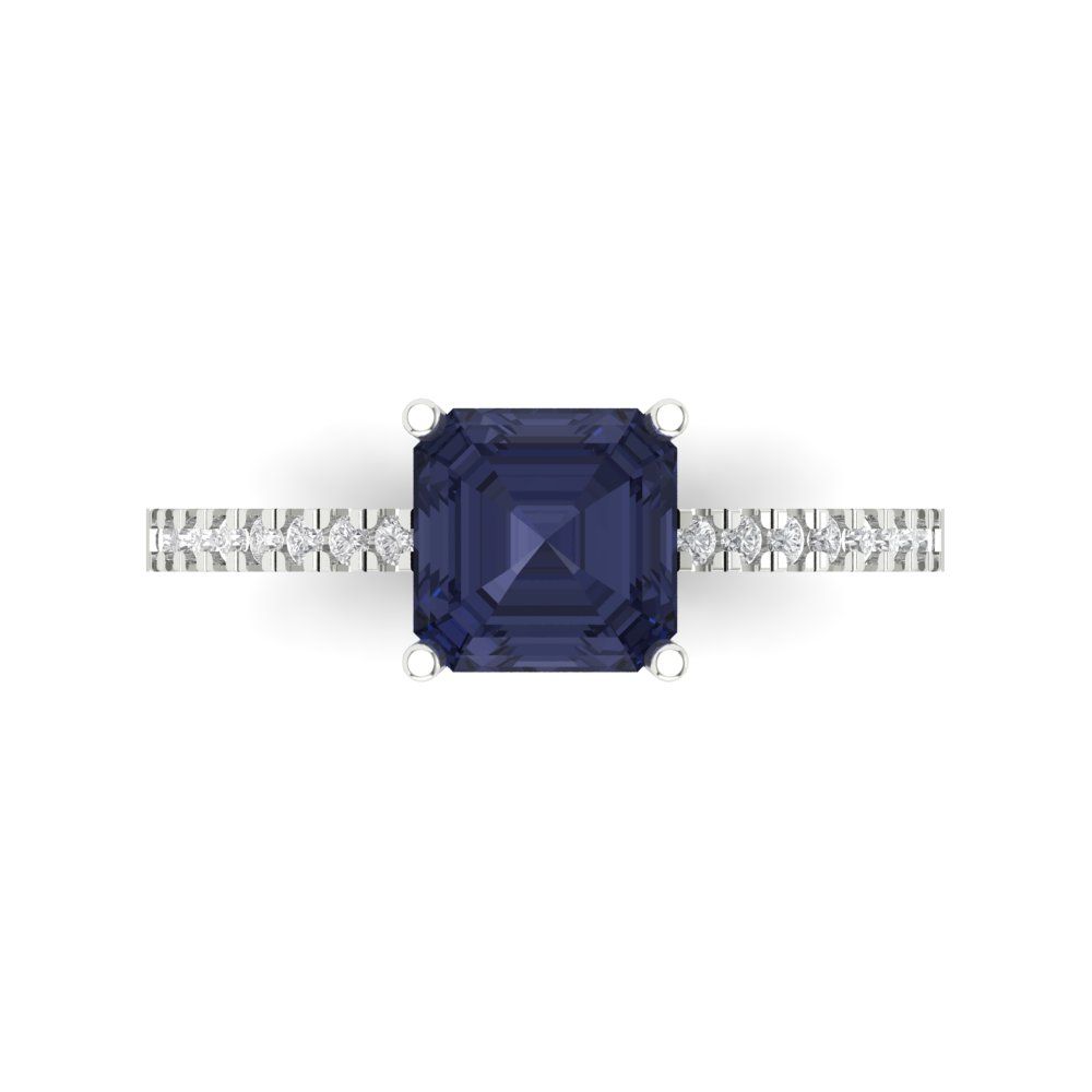 2.7 cttw Simulated Blue Sapphire Solitaire with Zirconia Simulated Diamond Accents Engagement Ring - Solid Gold (Cushion Cut,6.5mm)