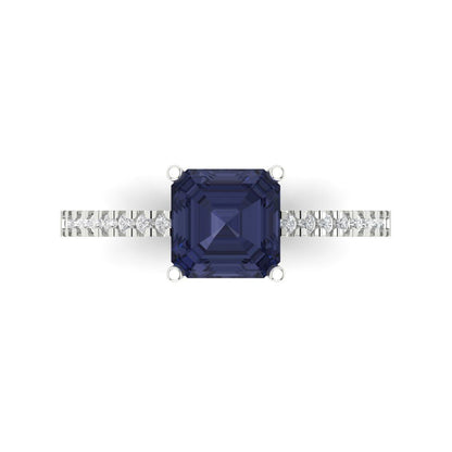 2.7 cttw Simulated Blue Sapphire Solitaire with Zirconia Simulated Diamond Accents Engagement Ring - Solid Gold (Cushion Cut,6.5mm)