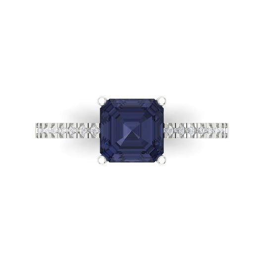 2.7 cttw Simulated Blue Sapphire Solitaire with Zirconia Simulated Diamond Accents Engagement Ring - Solid White Gold (VVS1, Cushion Cut,6.5mm)