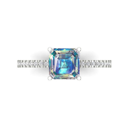 2.7 cttw Blue Moissanite Solitaire with Zirconia Simulated Diamond Accents Engagement Ring - Solid Gold (Cushion Cut,6.5mm)