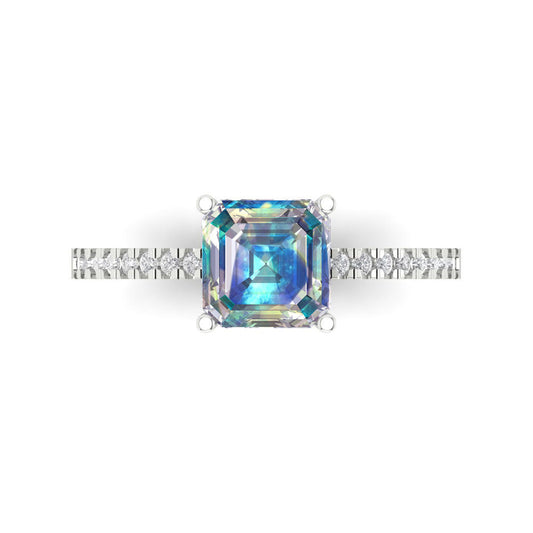 2.7 cttw Blue Moissanite Solitaire with Zirconia Simulated Diamond Accents Engagement Ring - Solid White Gold (VVS1, Cushion Cut,6.5mm)