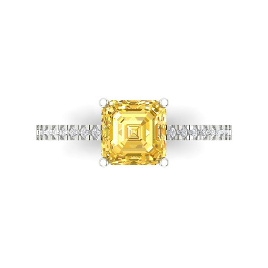 2.7 cttw Zirconia Simulated Yellow Diamond Solitaire with Zirconia Simulated Diamond Accents Engagement Ring - Solid White Gold (VVS1, Cushion Cut,6.5mm)