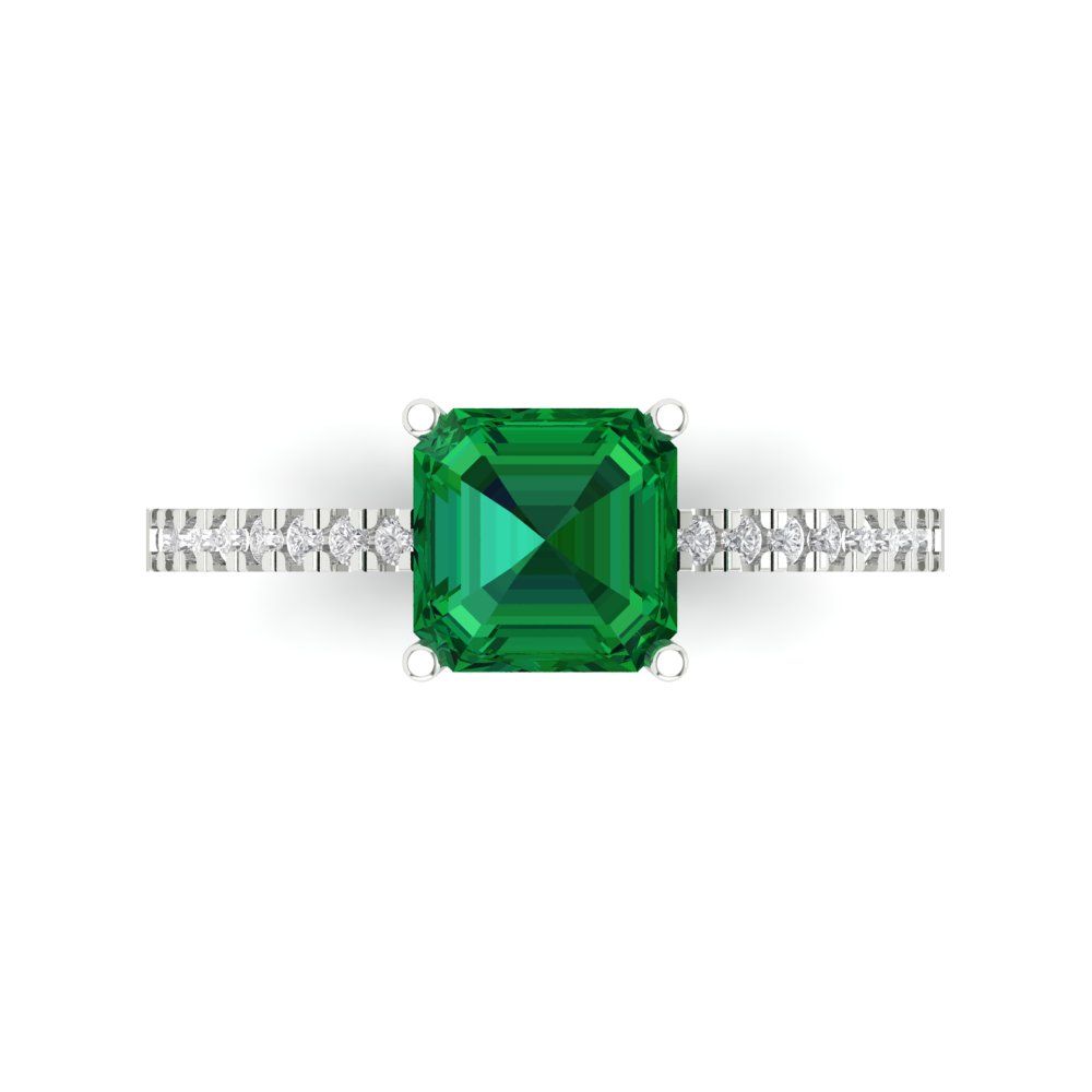 2.7 cttw Simulated Emerald Solitaire with Zirconia Simulated Diamond Accents Engagement Ring - Solid Gold (Cushion Cut,6.5mm)