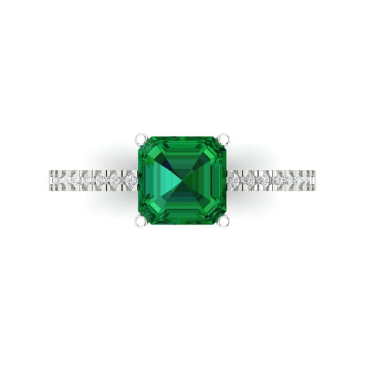 2.7 cttw Simulated Emerald Solitaire with Zirconia Simulated Diamond Accents Engagement Ring - Solid White Gold (VVS1, Cushion Cut,6.5mm)