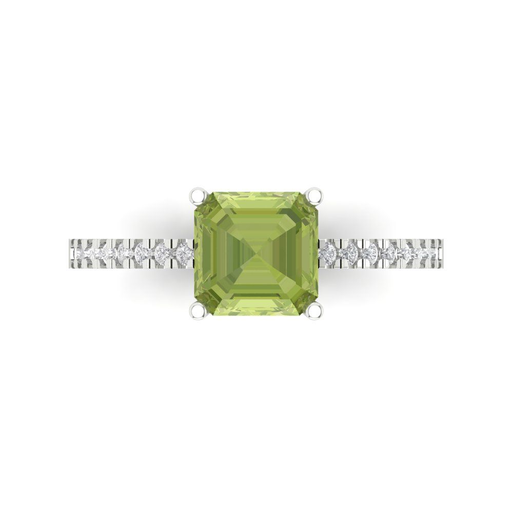 2.7 cttw Natural Peridot Solitaire with Zirconia Simulated Diamond Accents Engagement Ring - Solid Gold (Cushion Cut,6.5mm)