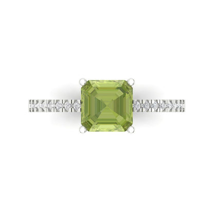 2.7 cttw Natural Peridot Solitaire with Zirconia Simulated Diamond Accents Engagement Ring - Solid Gold (Cushion Cut,6.5mm)