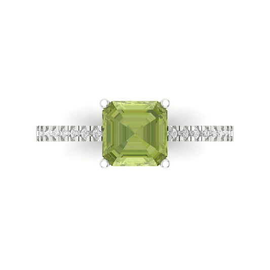 2.7 cttw Natural Peridot Solitaire with Zirconia Simulated Diamond Accents Engagement Ring - Solid White Gold (VVS1, Cushion Cut,6.5mm)
