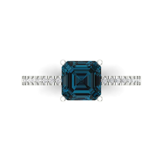 2.7 cttw Natural London Blue Topaz Solitaire with Zirconia Simulated Diamond Accents Engagement Ring - Solid White Gold (VVS1, Cushion Cut,6.5mm)