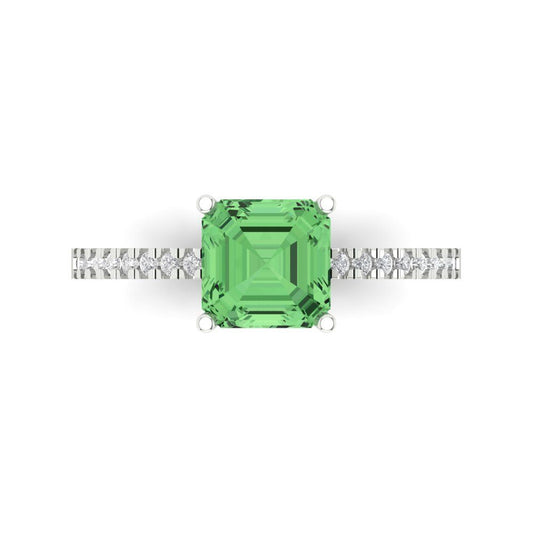 2.7 cttw Zirconia Simulated Green Diamond Solitaire with Zirconia Simulated Diamond Accents Engagement Ring - Solid White Gold (VVS1, Cushion Cut,6.5mm)